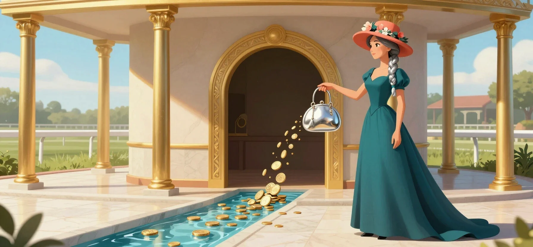 Rabbit Win Casino payout purse with coins and a golden arch
