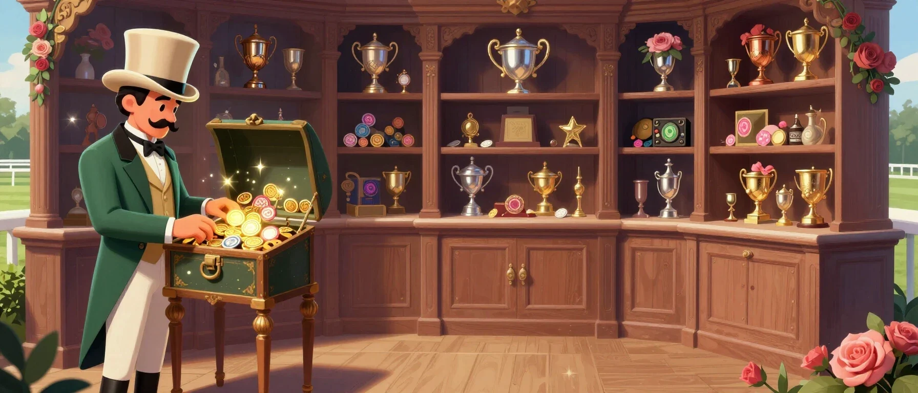 Rabbit Win Casino welcome bonus shown as coins and game tokens in a treasure chest